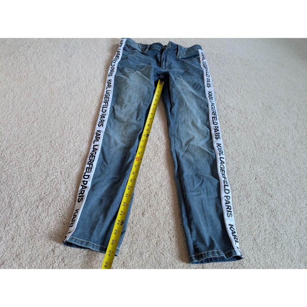 Karl Lagerfeld Blue Denim Side Stripe Straight Leg Pants Womens 12 Logo Tape - Picture 8 of 15